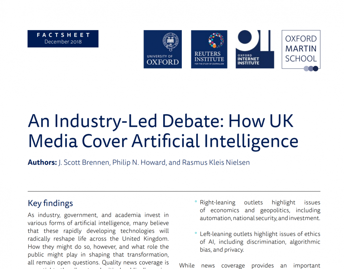 An Industry-Led Debate: How UK Media Cover Artificial Intelligence – Reuters / Oxford University (Dec 2018)